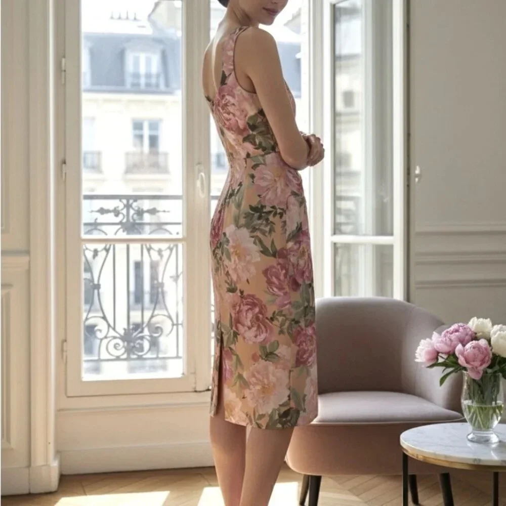Premier Amour Satin Floral Dress Sz 2 Faux Wrap Front Slit Romantic Fairy Whimsy